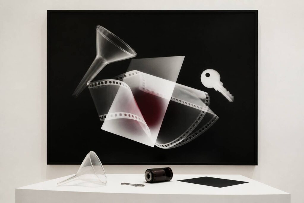 Composition d'objets de laboratoire en rayogramme sur papier photo