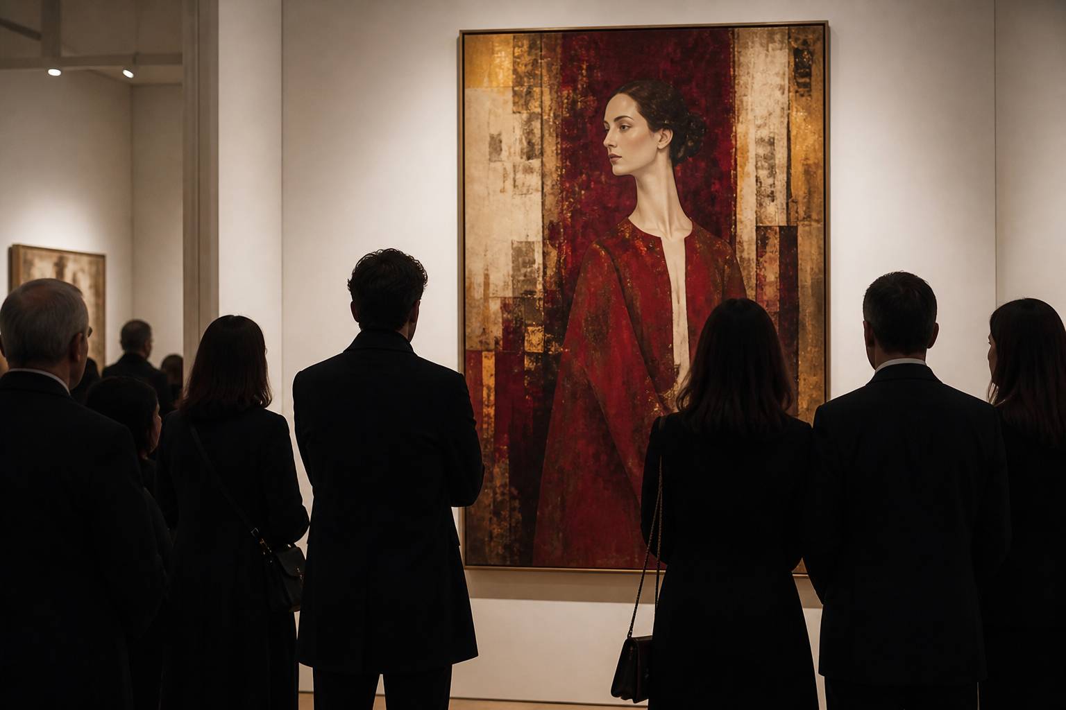Visiteurs en silhouette devant un tableau portrait dans une salle blanche
