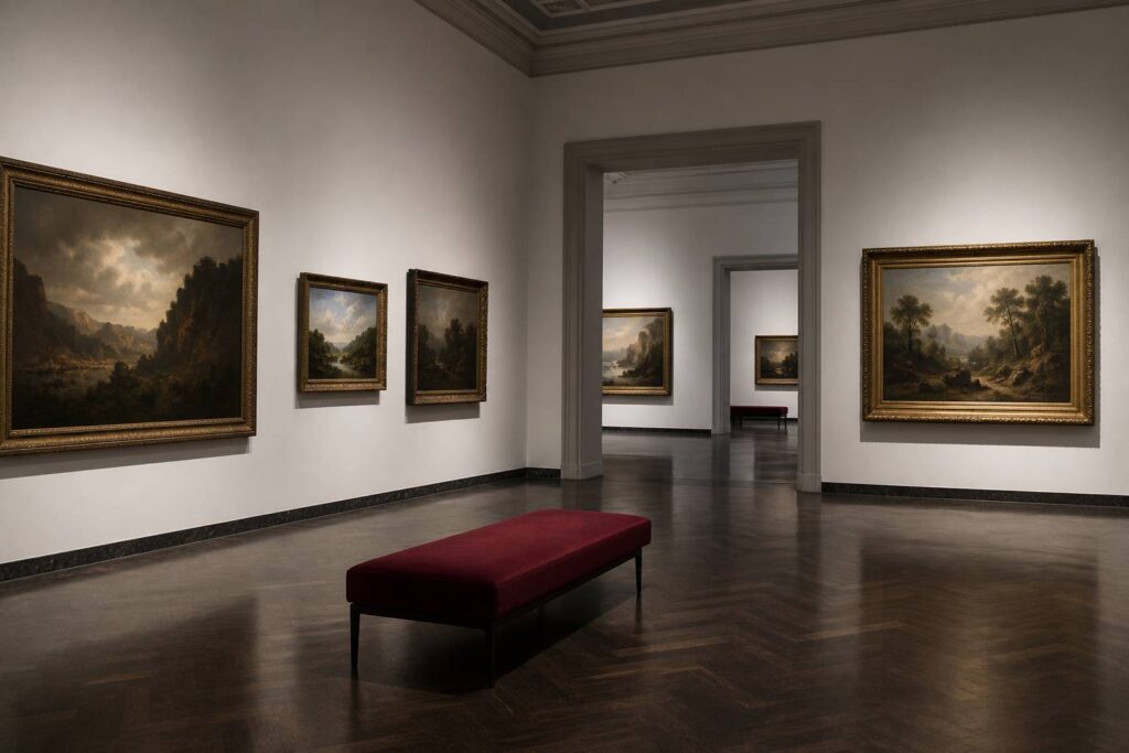 Salle de musée avec des paysages romantiques aux murs