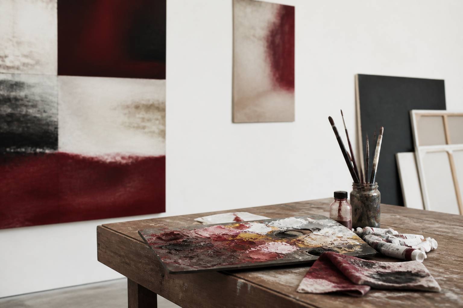 Palette de peinture à l'huile avec pinceaux et tubes de couleur