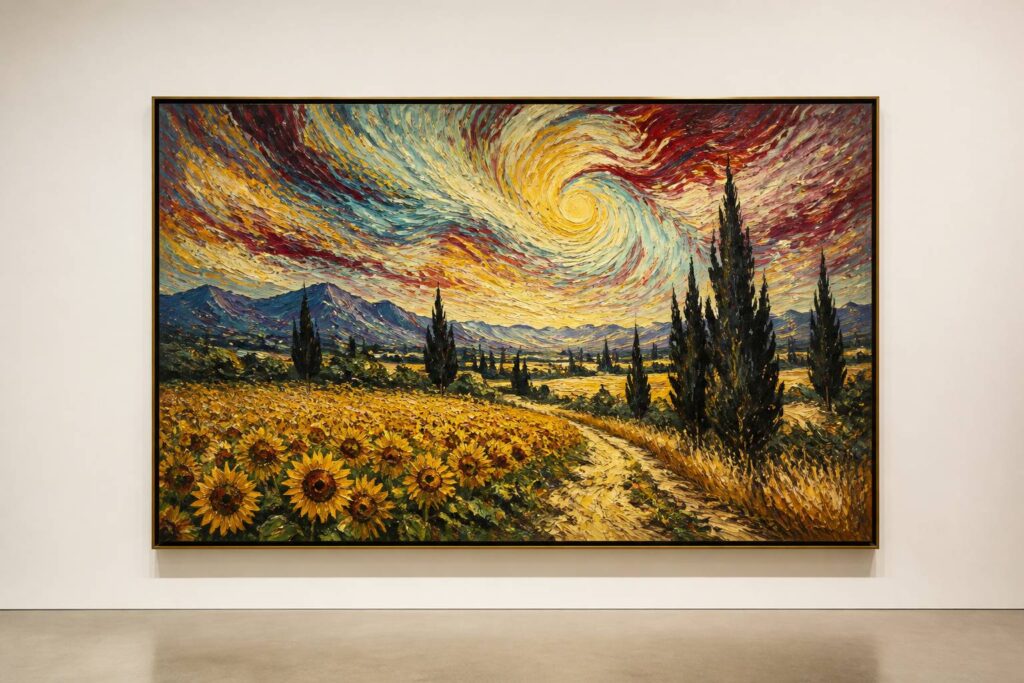 Champ de tournesols et cyprès sous un ciel provençal tourbillonnant