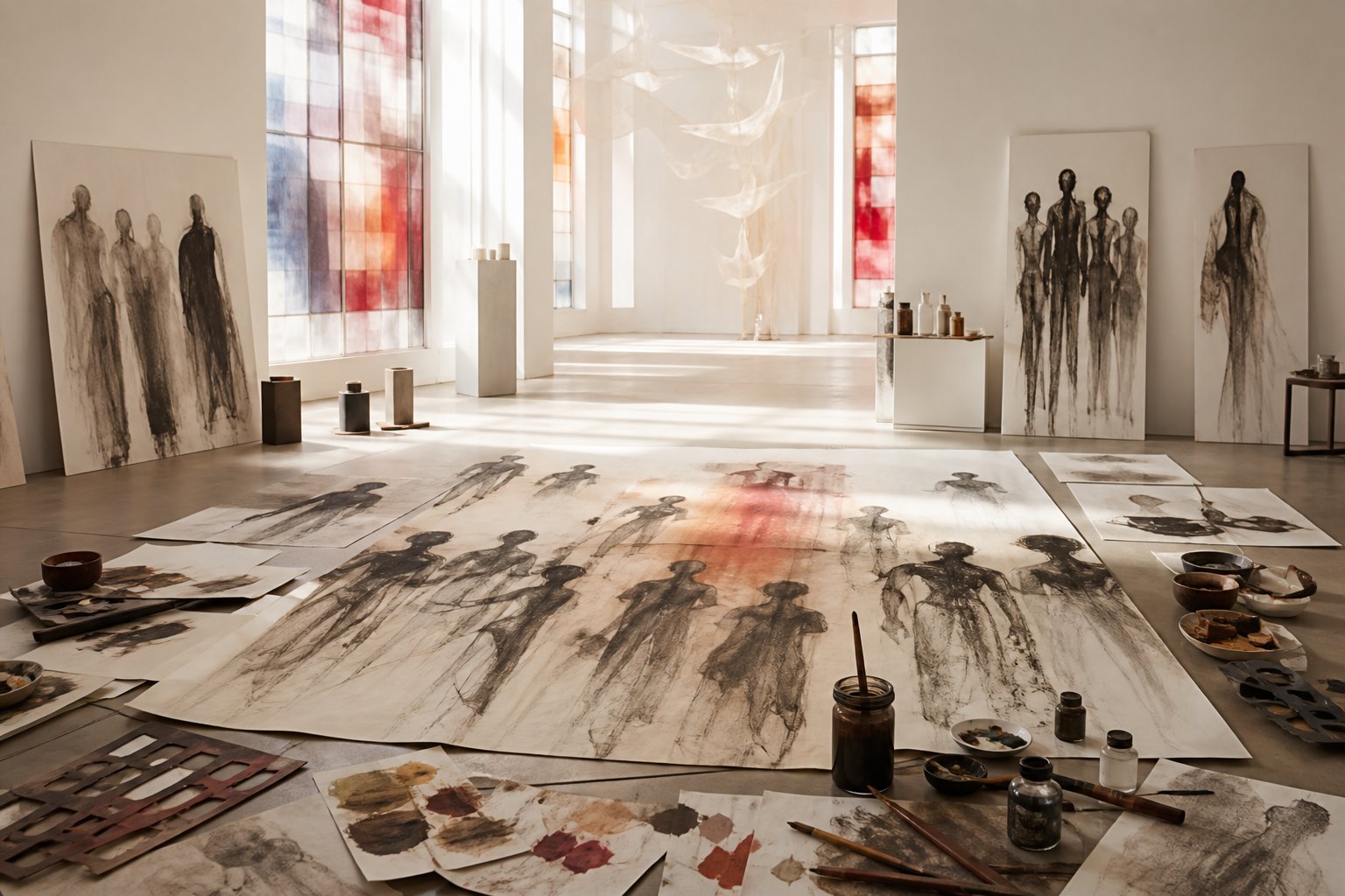 Grandes feuilles de papier avec silhouettes au fusain, lumière blanche traversant des vitraux colorés