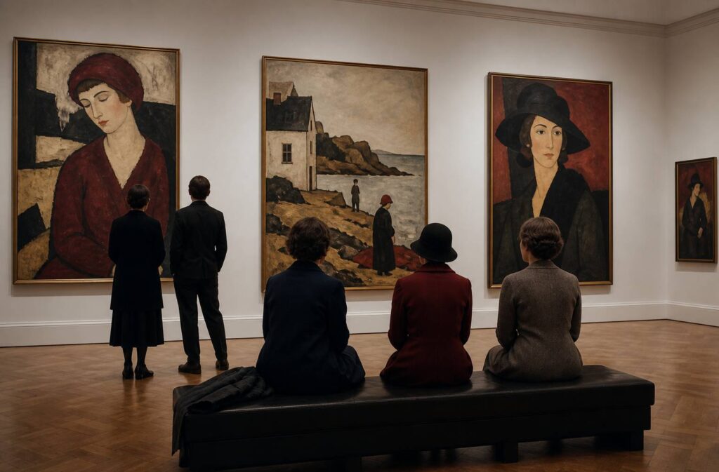 Salle d'exposition de musée avec des peintures des années 1920
