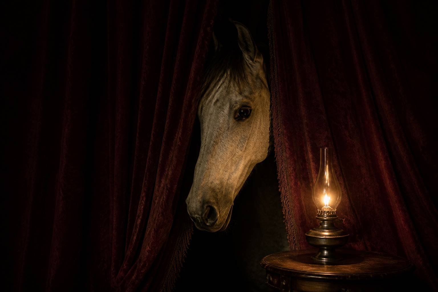 Tête de cheval surgissant d'un rideau de velours sombre dans un clair-obscur dramatique