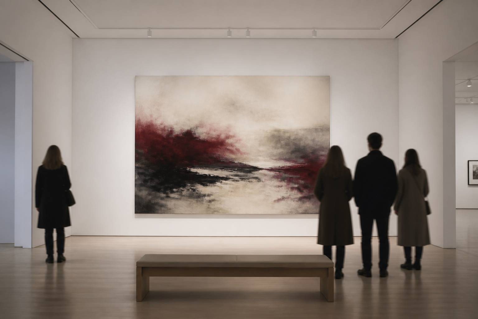 Salle d'exposition blanche avec un tableau abstrait et des visiteurs flous au loin