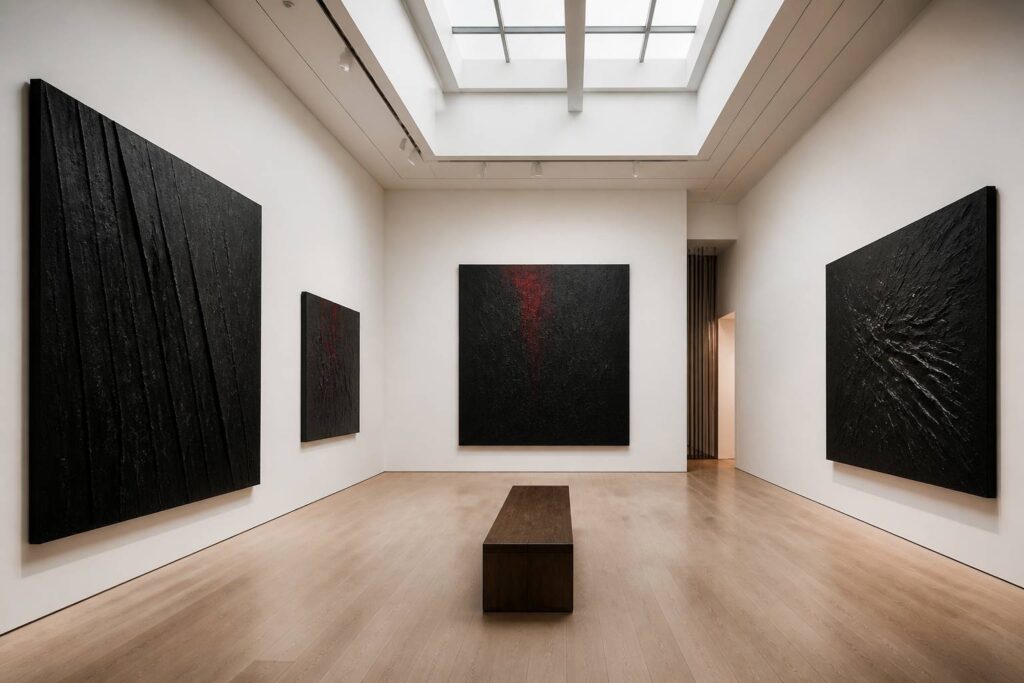 Salle d'exposition aux murs blancs avec de grandes toiles noires striées et un banc en bois