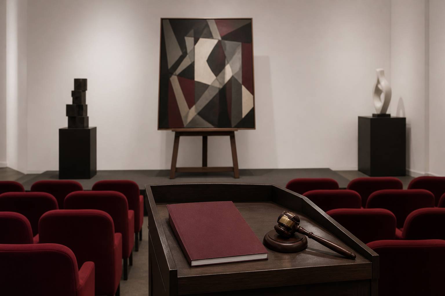 Salle des ventes avec marteau d'enchères sur pupitre et toile cubiste stylisée sur chevalet
