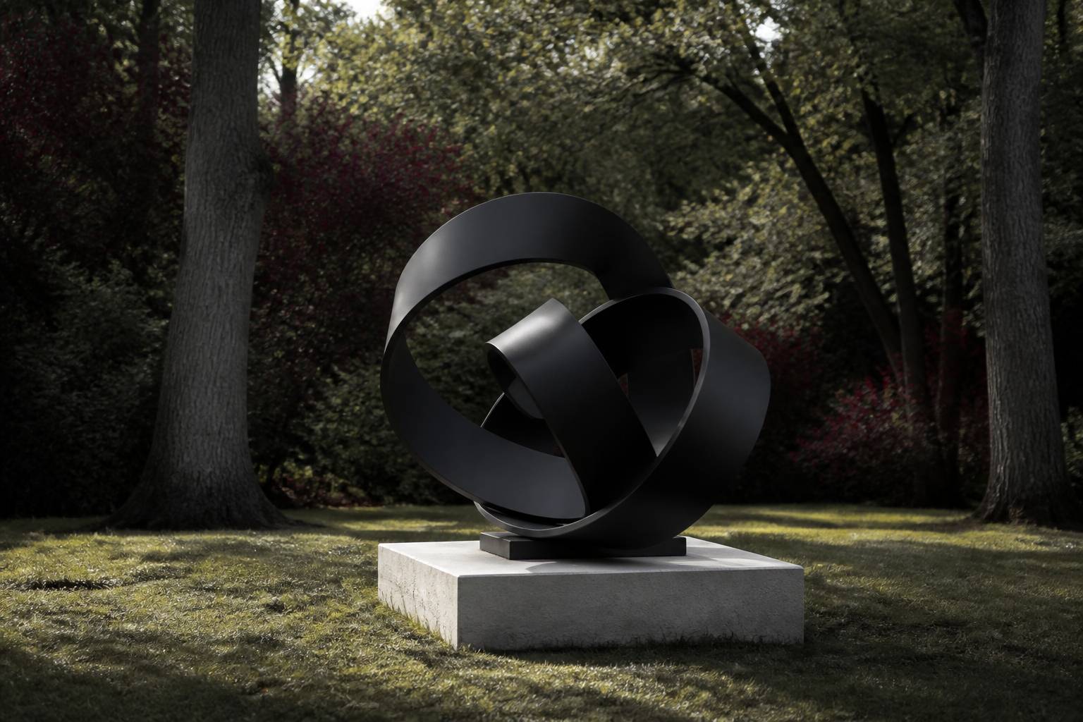 Sculpture en acier posée sur un socle dans un parc
