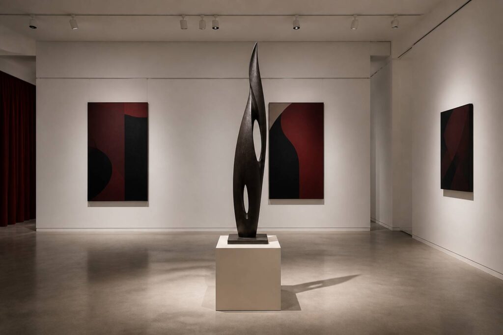 Sculpture en bronze abstraite allongée posée sur un socle dans une galerie blanche