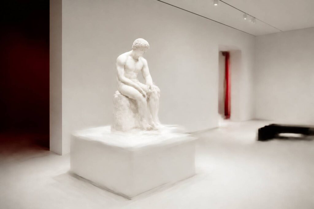 Statue grecque en marbre sur socle dans une galerie blanche