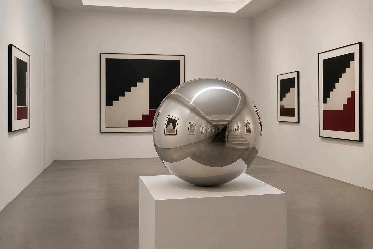 Sphère réfléchissante sur piédestal dans une galerie d'exposition