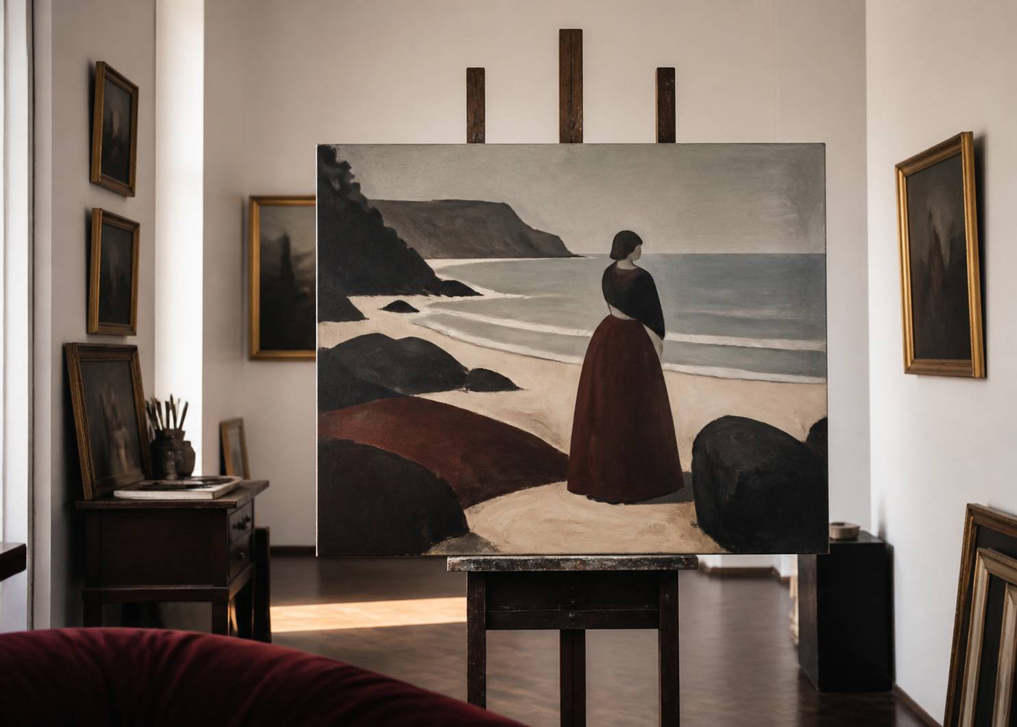 Peinture de bord de mer breton sur chevalet dans une galerie