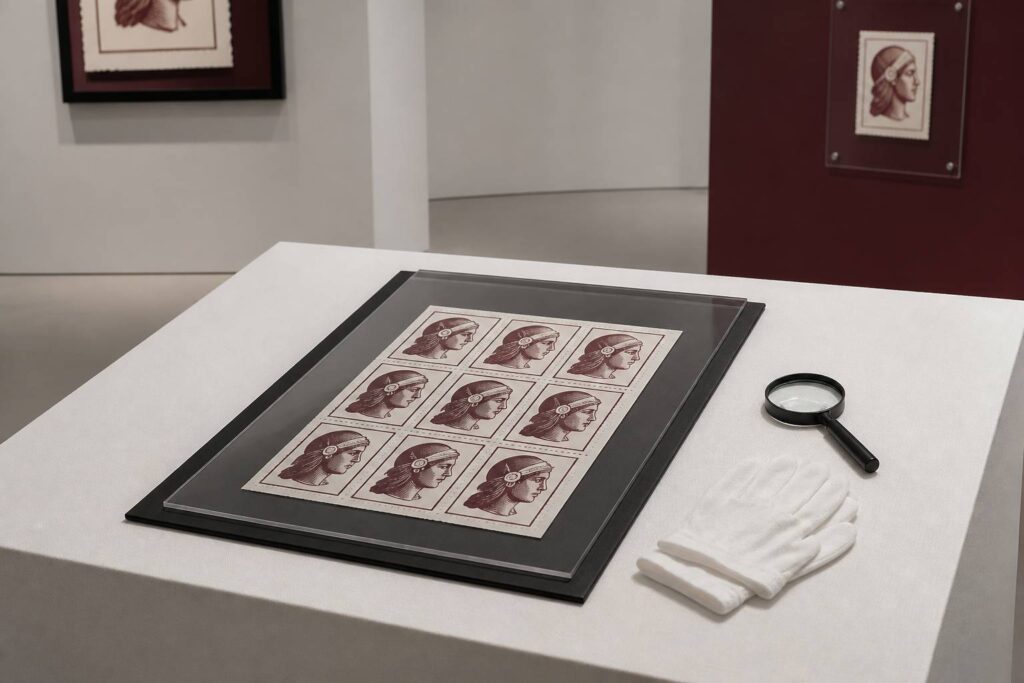 Feuille de timbres Marianne présentée sur une table d'exposition avec une loupe