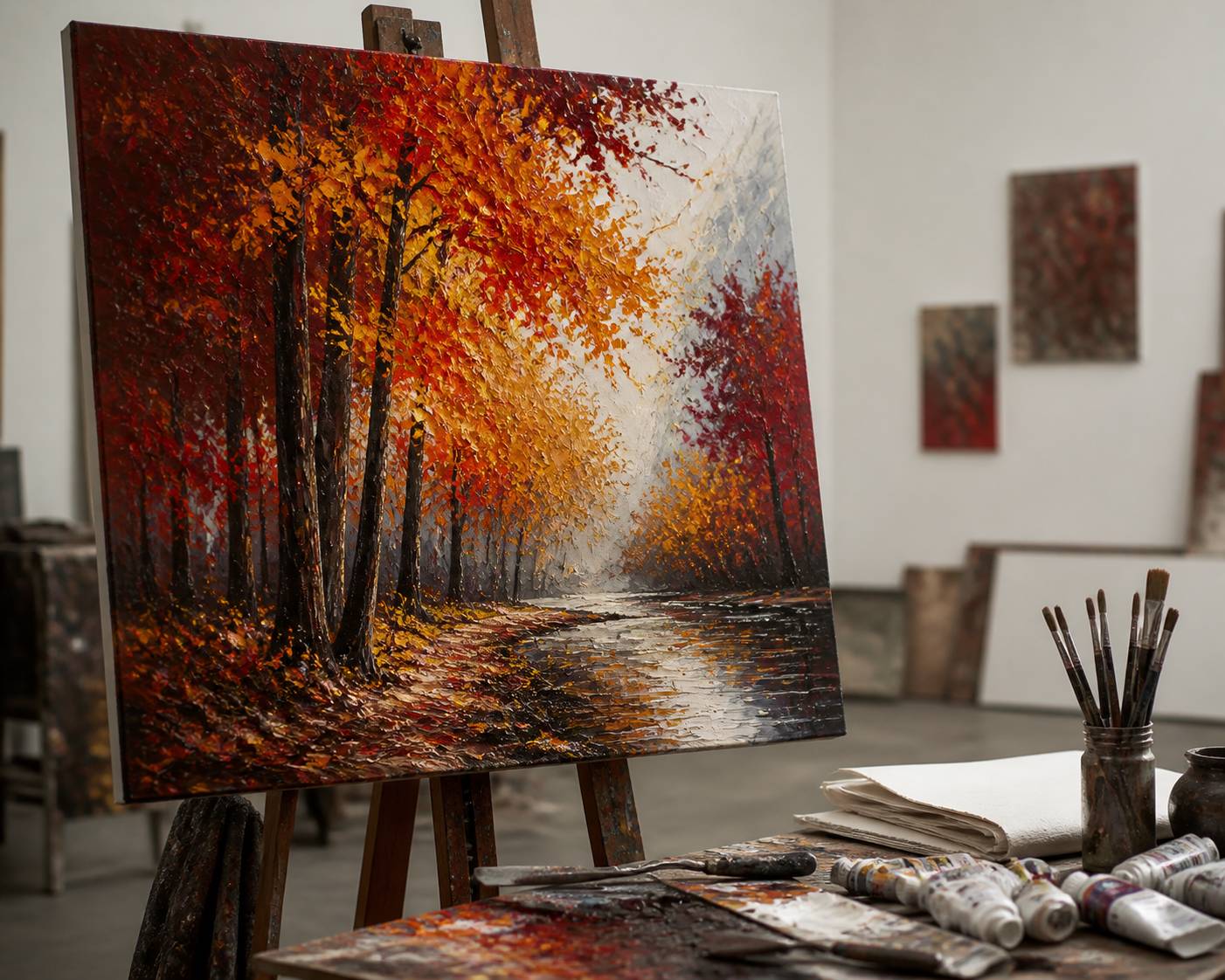 Toile de paysage d'automne sur chevalet avec tubes de peinture et pinceaux