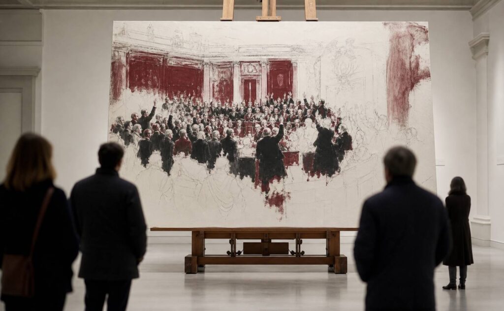 Grande toile inachevée montrant des silhouettes bras levés dans une galerie