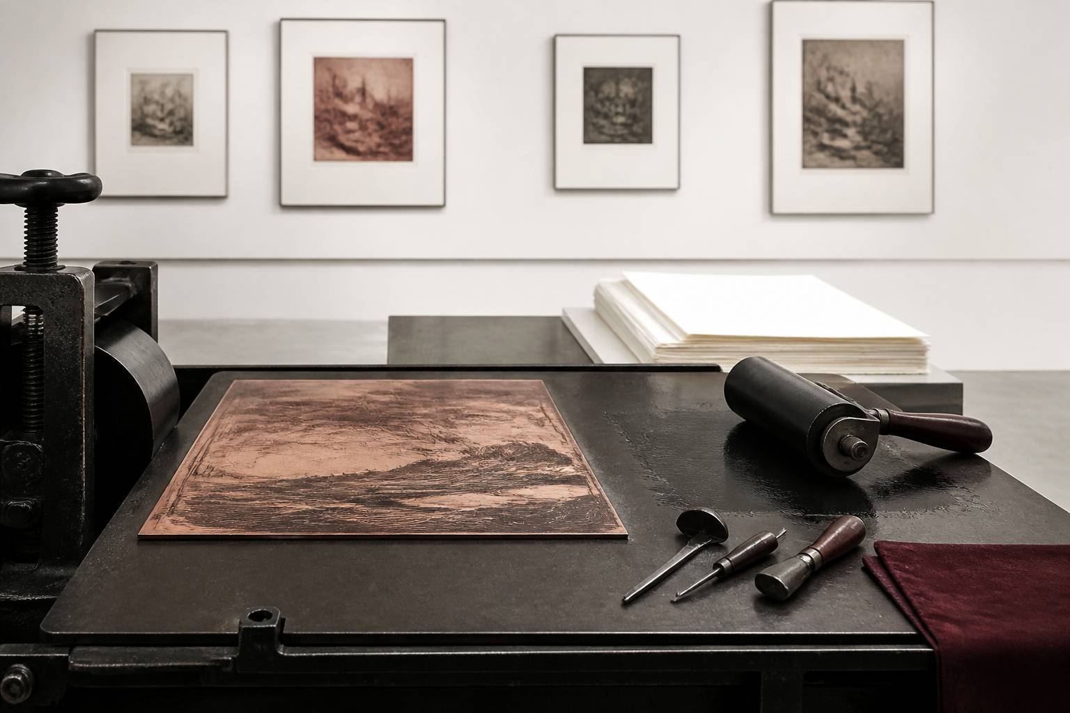 Atelier de graveur avec plaque de cuivre et presse à taille-douce