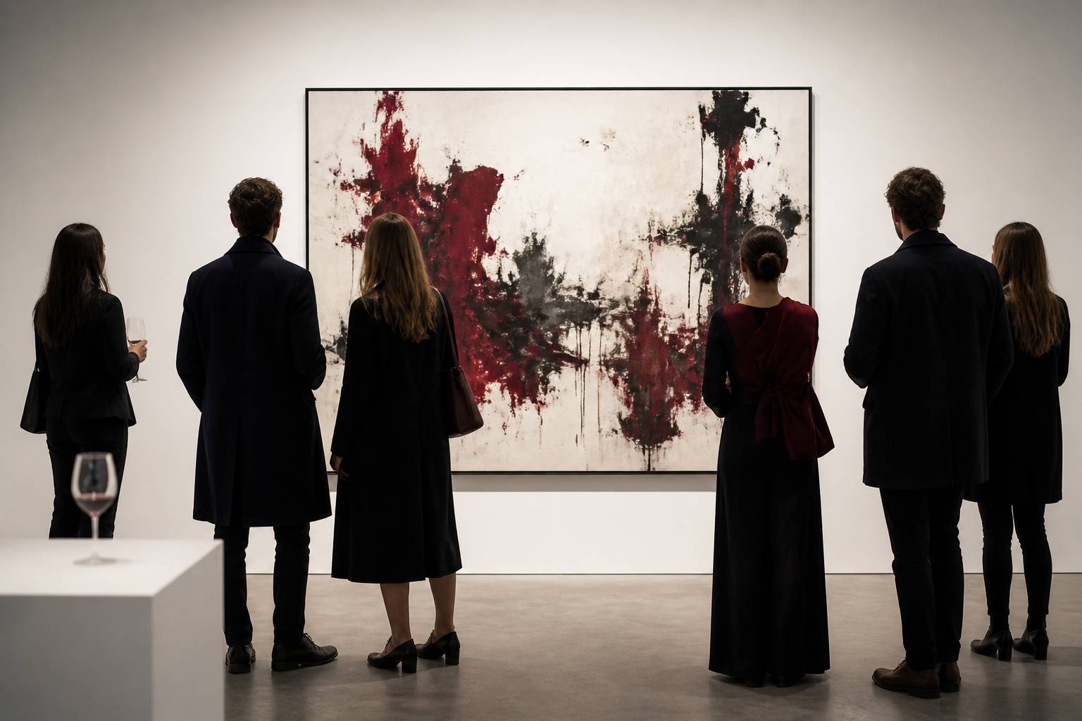 Visiteurs vus de dos devant une œuvre abstraite lors d'un vernissage feutré