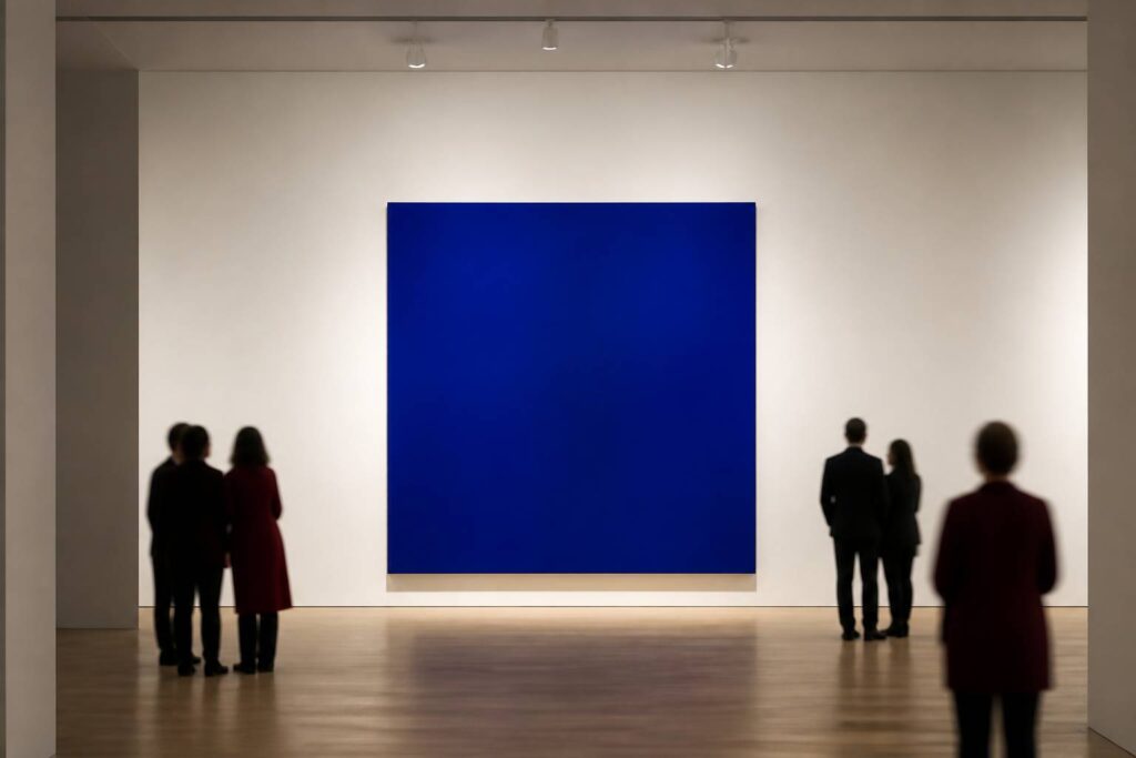 Grand monochrome bleu outremer exposé sur une cimaise blanche de galerie