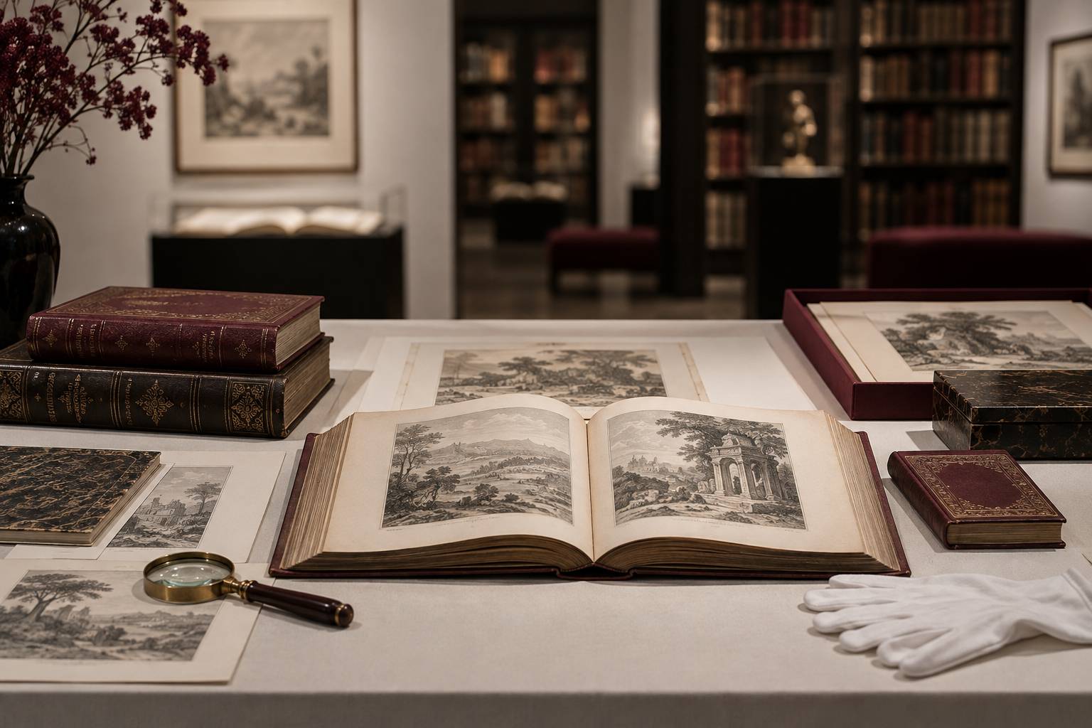Salle de musée ancienne avec livres reliés et gravures d'archives sous une lumière tamisée