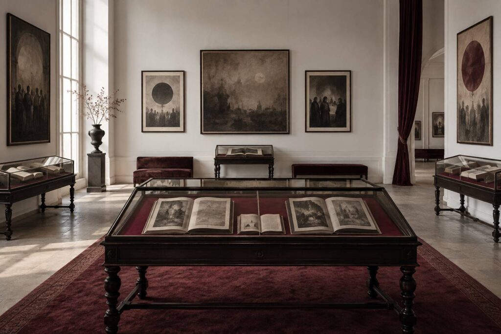 Salle de musée ancienne avec livres reliés et gravures d'archives sous une lumière tamisée