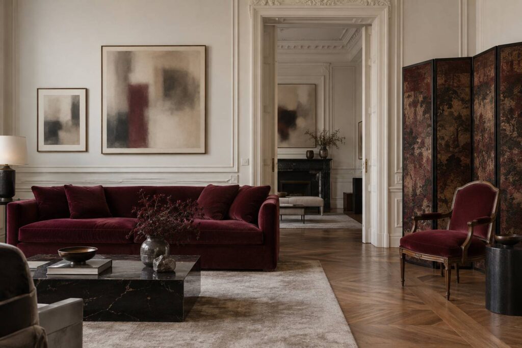Intérieur ancien avec estampes encadrées, canapé en velours et paravent décoré