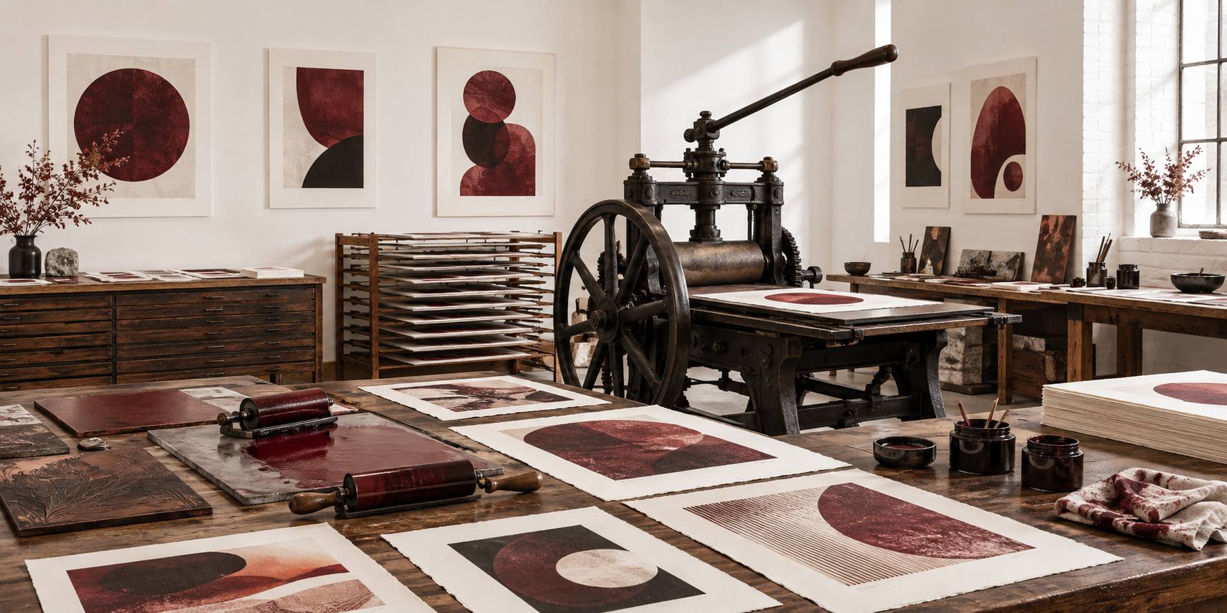 Intérieur ancien avec estampes encadrées, canapé en velours et paravent décoré