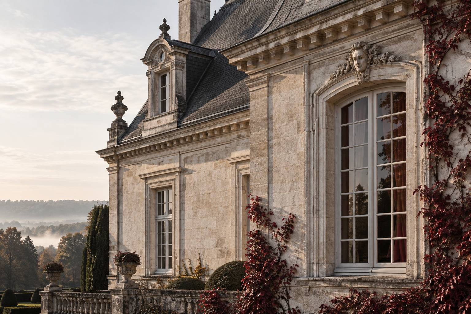 Détail d'une façade en pierre moulurée et d'une lucarne de château