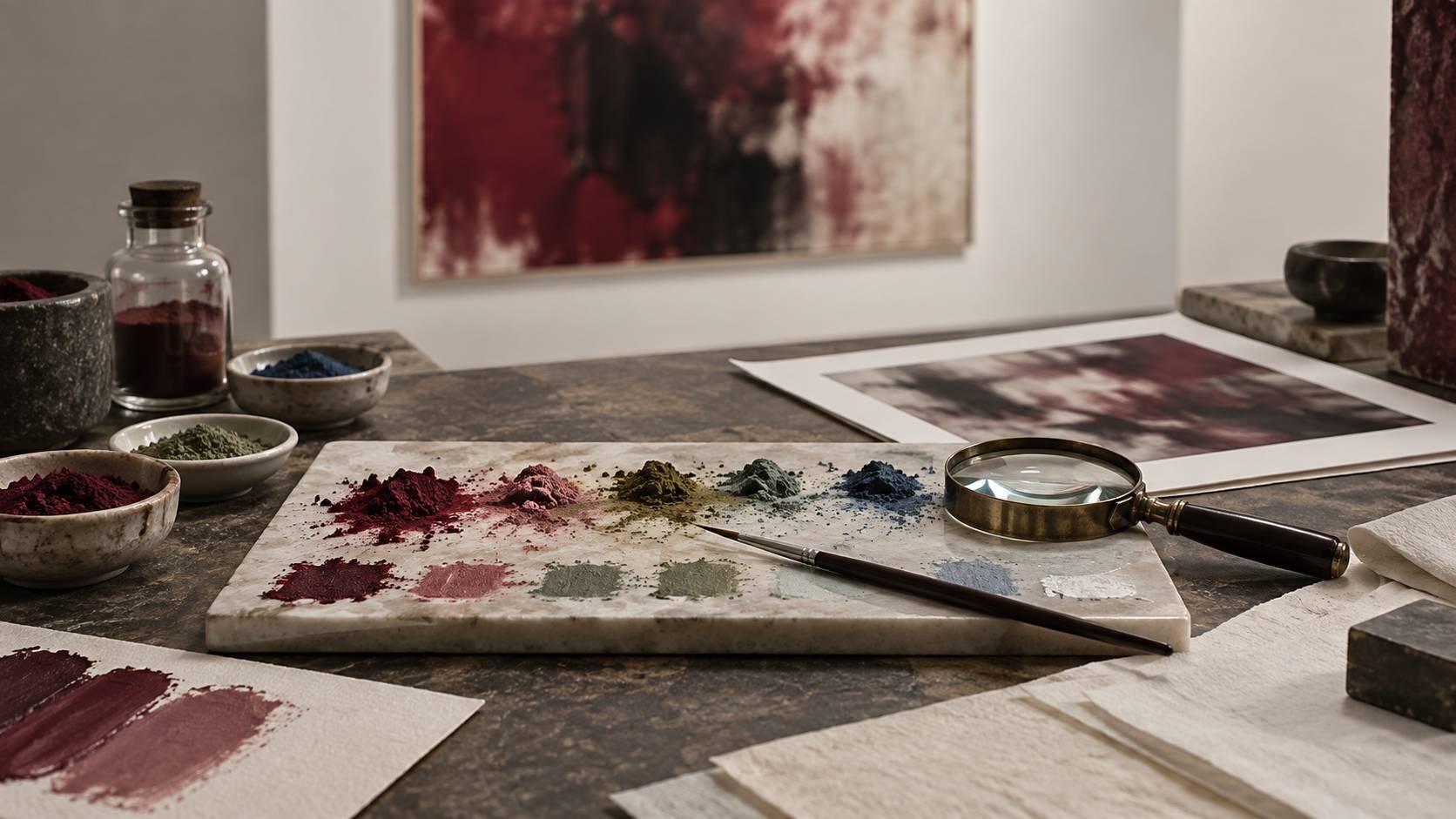 Palette de pigments de restauration sur une table de laboratoire