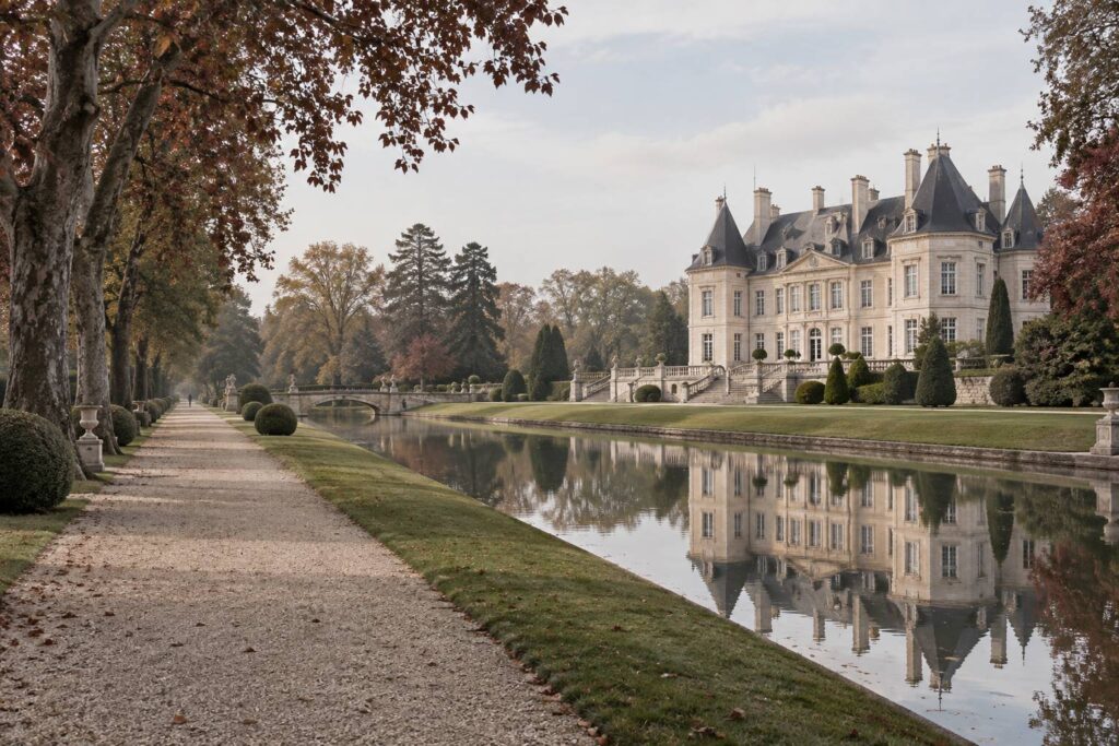 Illustration éditoriale du sujet : Exploration intemporelle au Domaine de Villarceaux : châteaux majestueux et jardins enchanteurs à découvrir