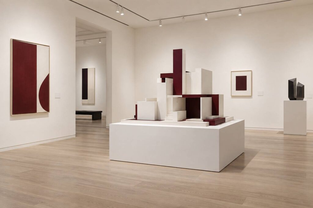 Maquette d'architecture exposée sur socle dans une galerie à cimaise blanche