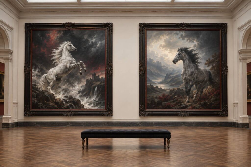 Grands tableaux romantiques de chevaux accrochés sur une cimaise blanche de musée