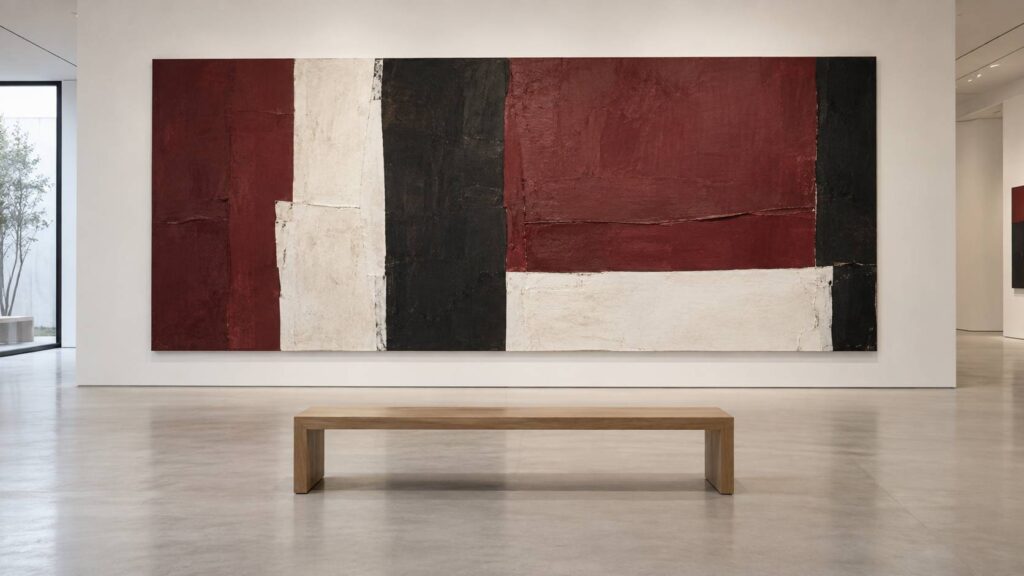 Toile abstraite géométrique accrochée sur une cimaise de galerie