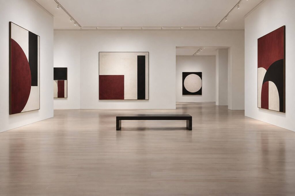 Galerie d'art contemporain sobre aux murs blancs cimaise et parquet clair