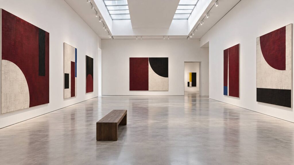 Galerie d'art aux cimaises blanches avec toiles géométriques abstraites