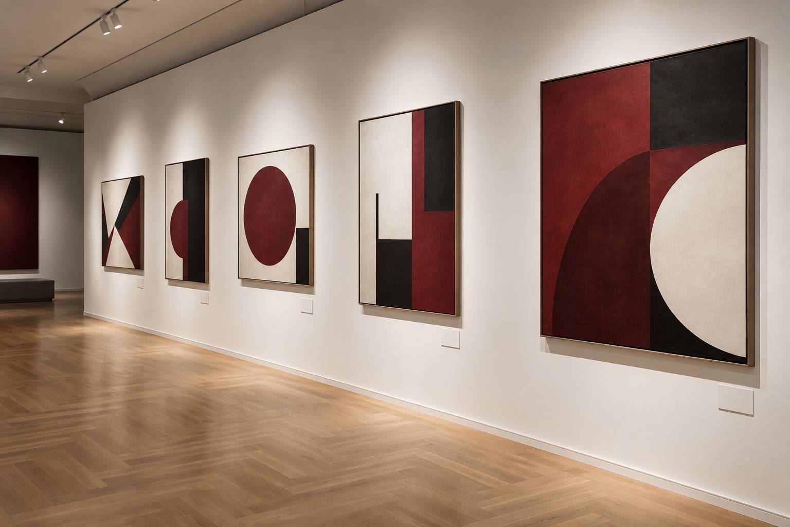 Mur d'exposition avec œuvres encadrées abstraites et cartels vierges