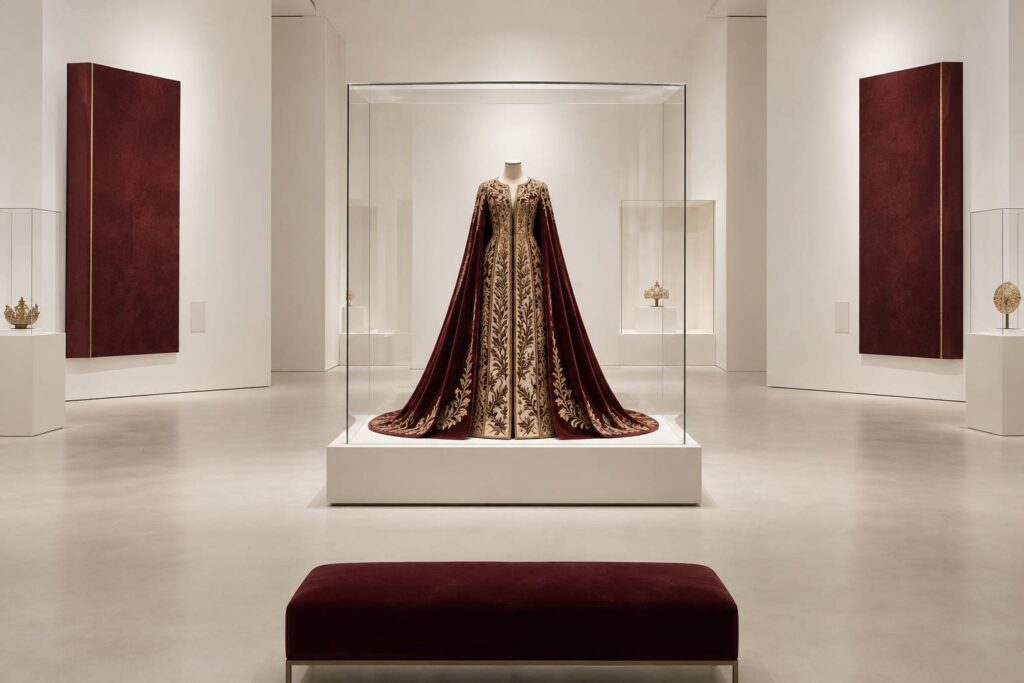 Vêtement brodé de fils dorés présenté sur un mannequin en galerie de musée