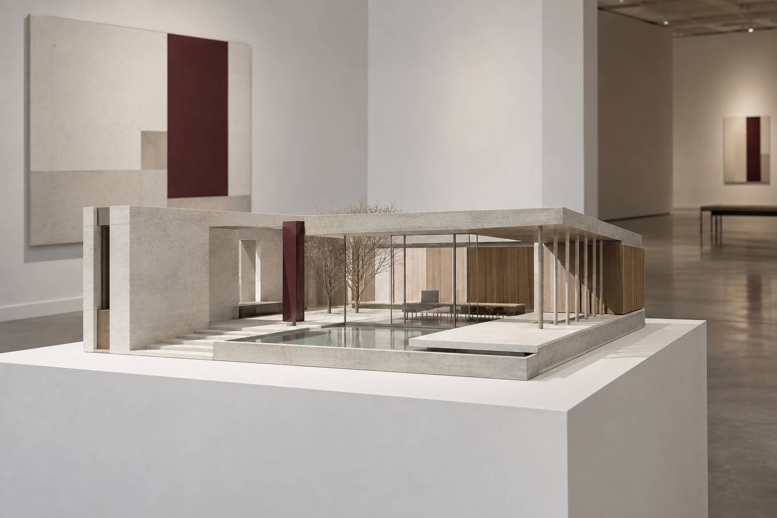 Gros plan sur une maquette d'architecture aux volumes de béton et de bois