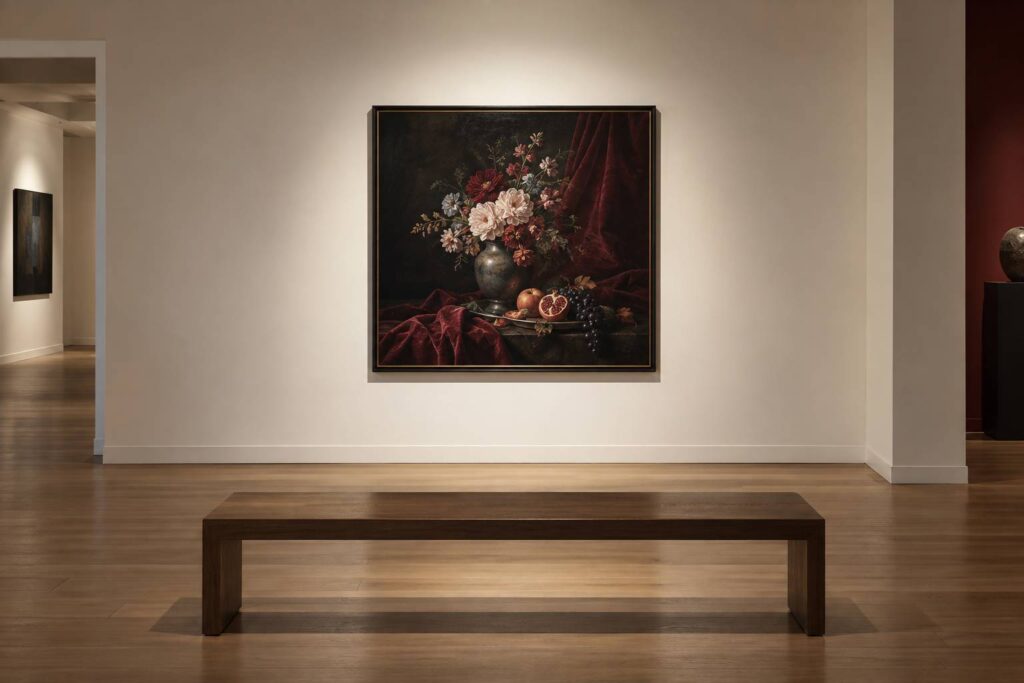 Nature morte classique encadrée exposée sur une cimaise blanche de galerie