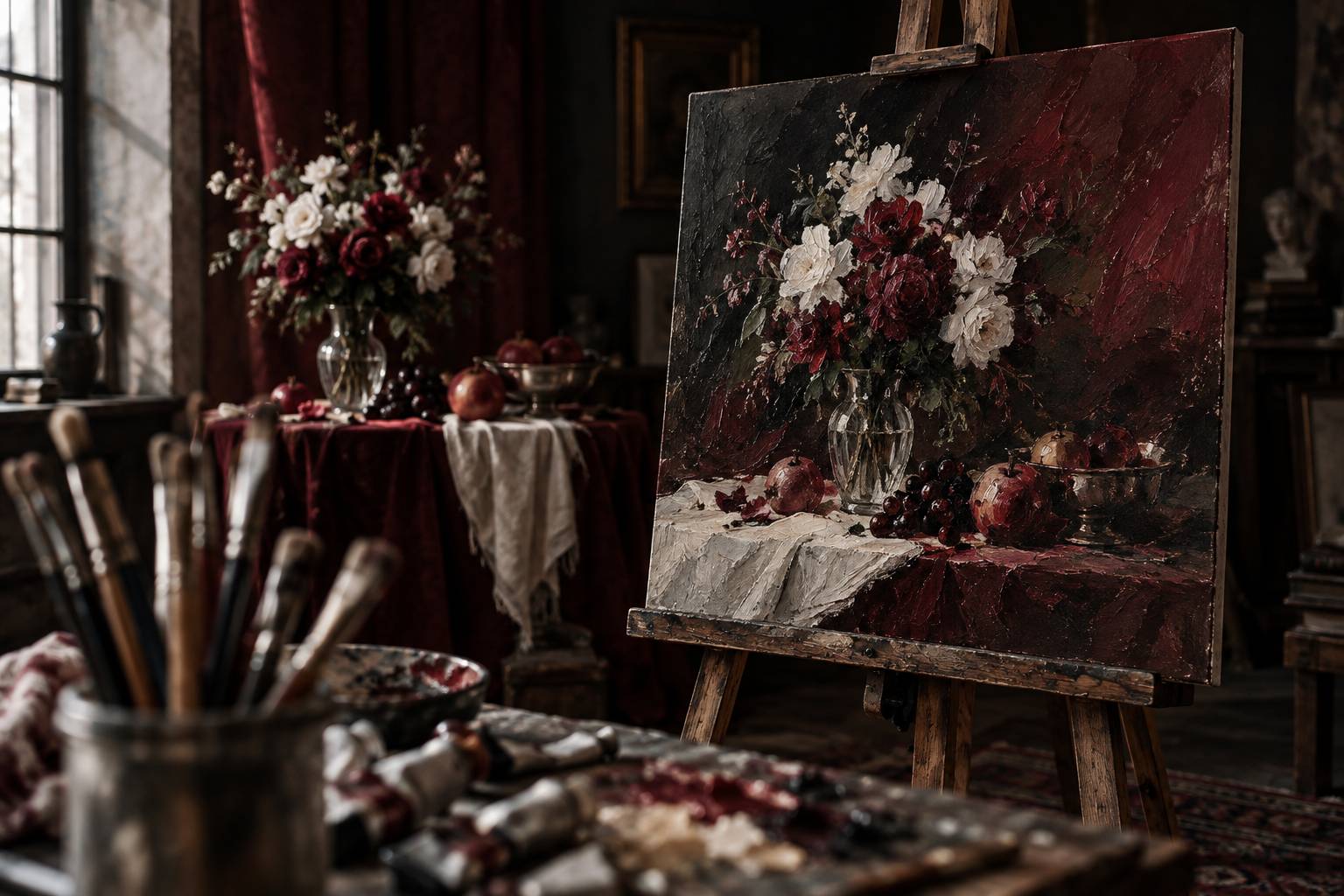 Nature morte à l'huile posée sur un chevalet avec pinceaux au premier plan