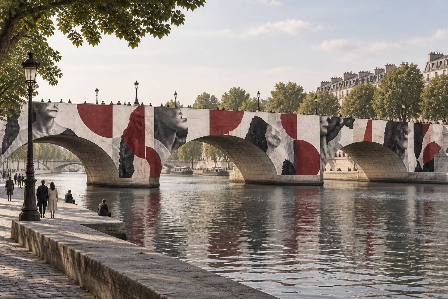 Illustration éditoriale du sujet : Paris 2026 : JR métamorphose le Pont Neuf en une fresque immersive géante, la plus vaste au monde