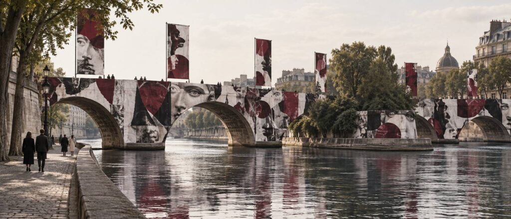 Illustration éditoriale du sujet : Paris 2026 : JR métamorphose le Pont Neuf en une fresque immersive géante, la plus vaste au monde