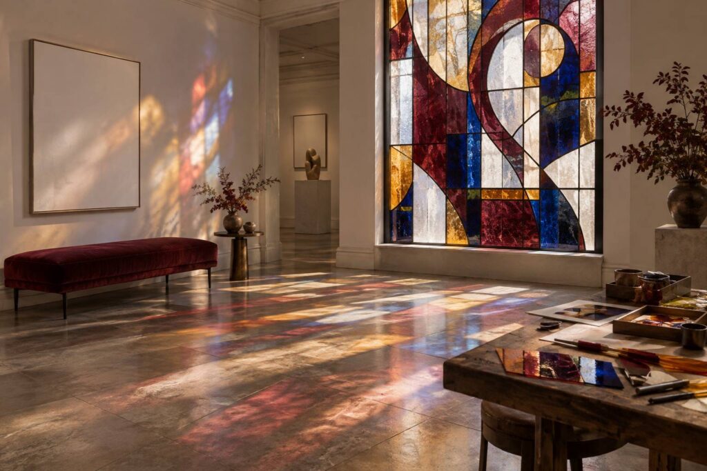 Illustration éditoriale du sujet : Peinture de lumière : l’univers enchanteur du vitrail chez Chagall