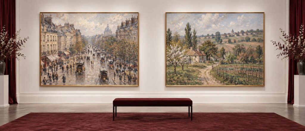 Illustration éditoriale du sujet : Pissarro : l'artiste entre villes vibrantes et paysages champêtres