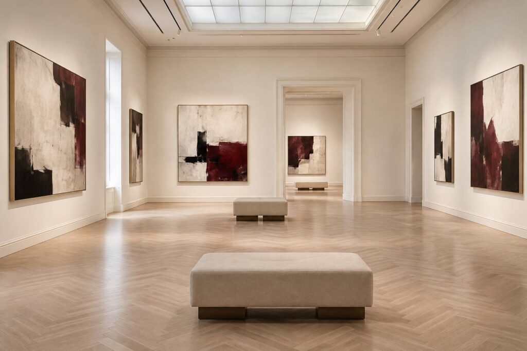 Salle de musée sobre à cimaise blanche avec bancs de galerie et cadres dorés