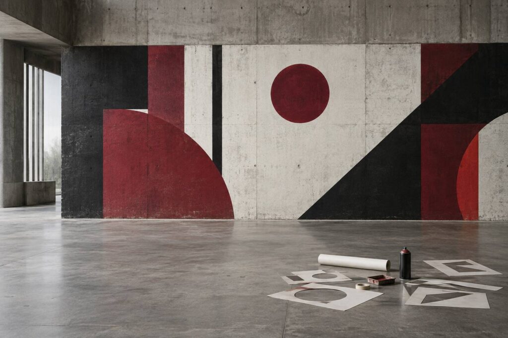 Fresque abstraite coloree sur un mur de beton urbain
