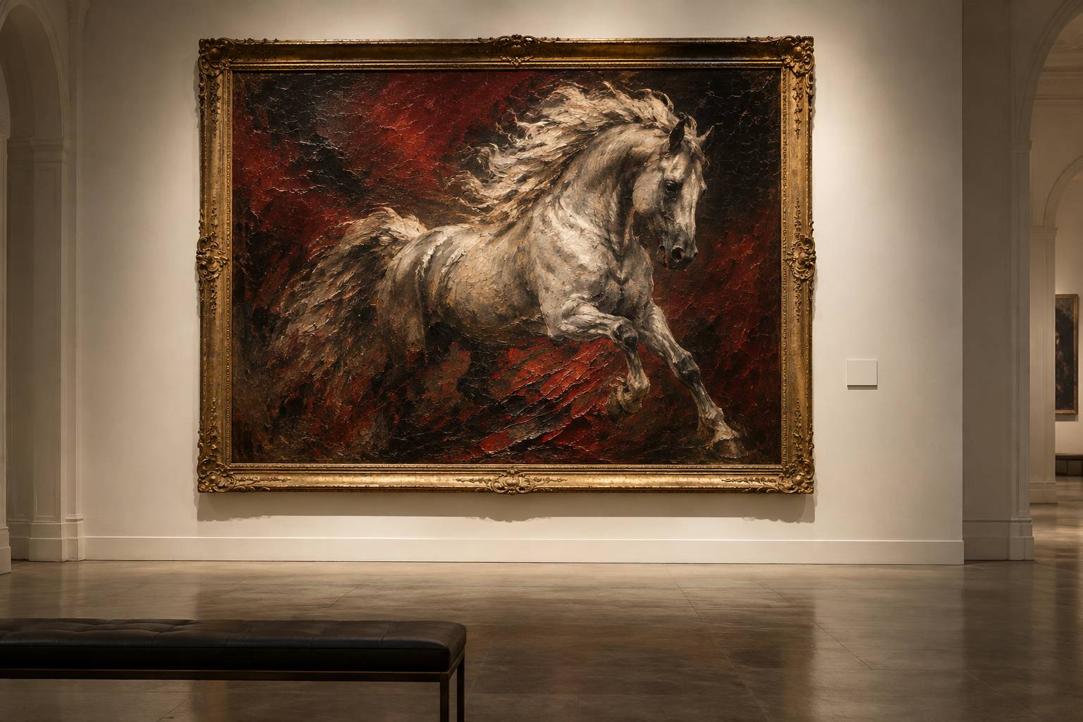 Toile romantique représentant un cheval en mouvement aux touches de peinture épaisses