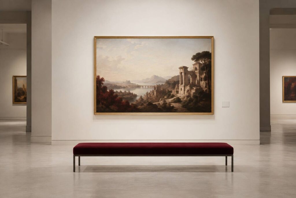 Tableau ancien accroché sur une cimaise blanche de musée