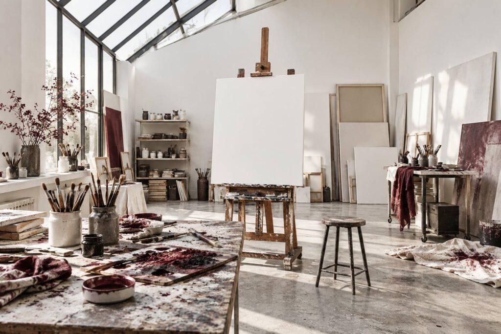 Atelier d'artiste avec chevalet portant une toile vierge, palette et pinceaux dans des pots