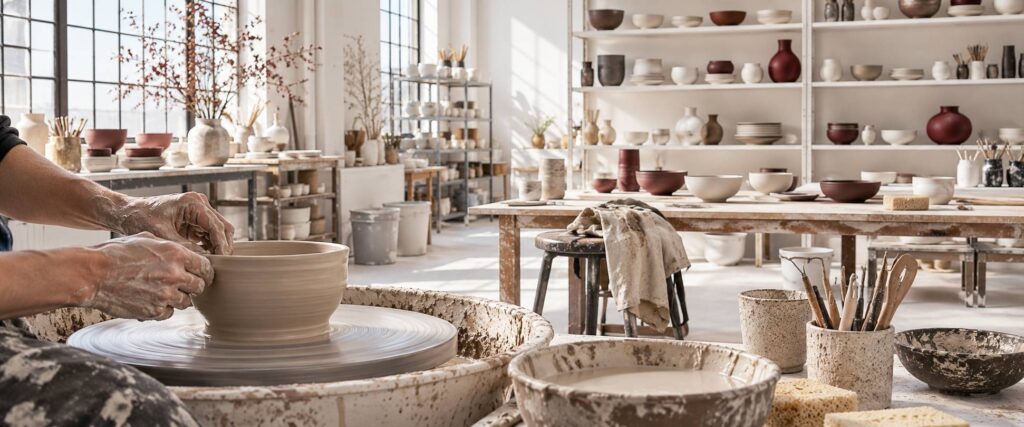 Atelier de céramiste avec tour de potier, bols aux émaux mats sur étagères et bacs d'émail