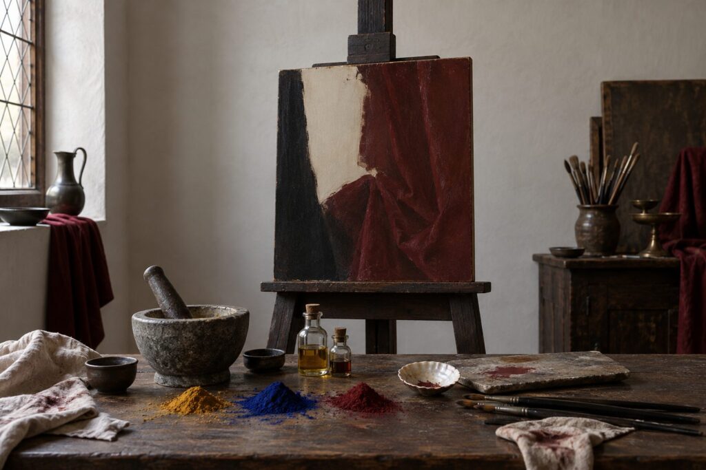 Atelier de peintre flamand avec panneau de chêne sur chevalet, pigments broyés et fioles d'huile de lin